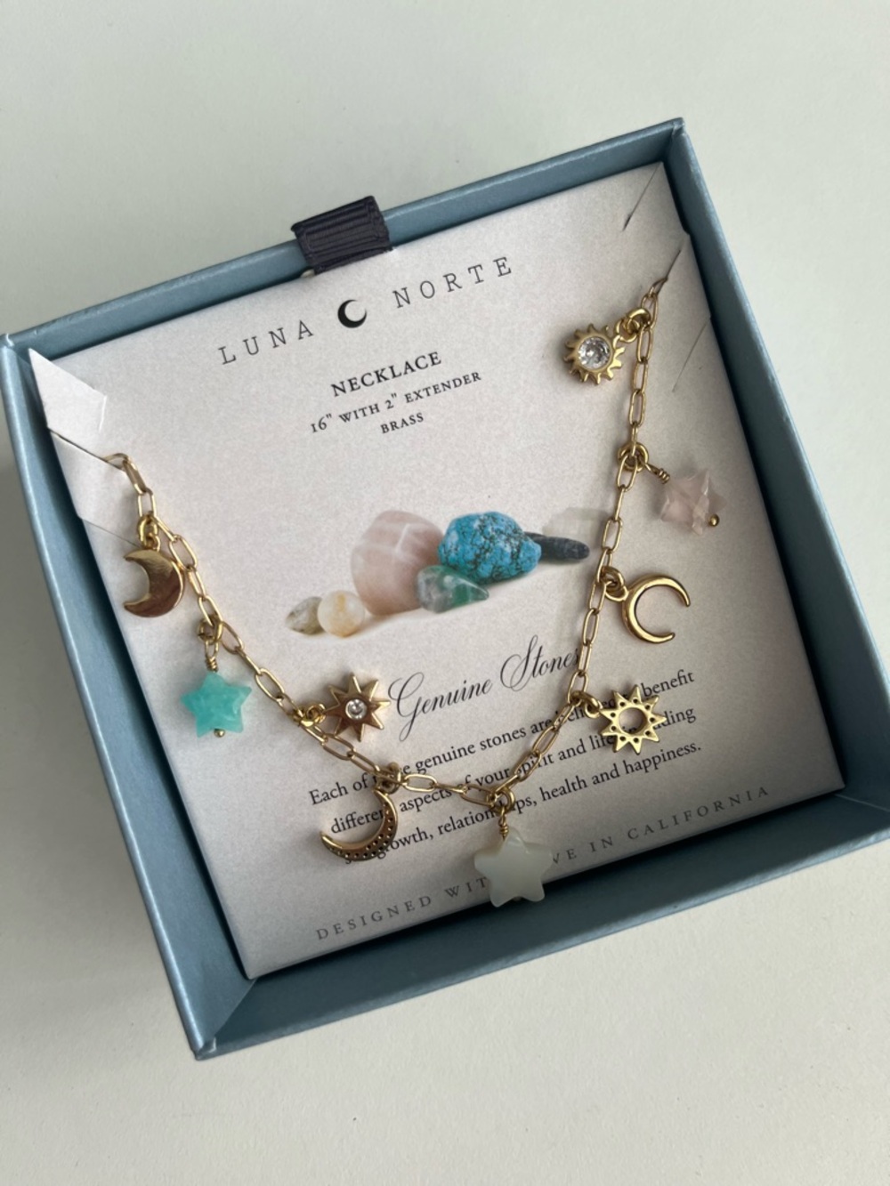 Luna Norte Gold Celestial Charm Necklace with Aqua & White Stone Stars
